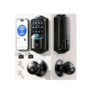 VE027-K‎ Built-in WiFi Smart Lock with 2 Knob, Fingerprint Keyless Matte Black